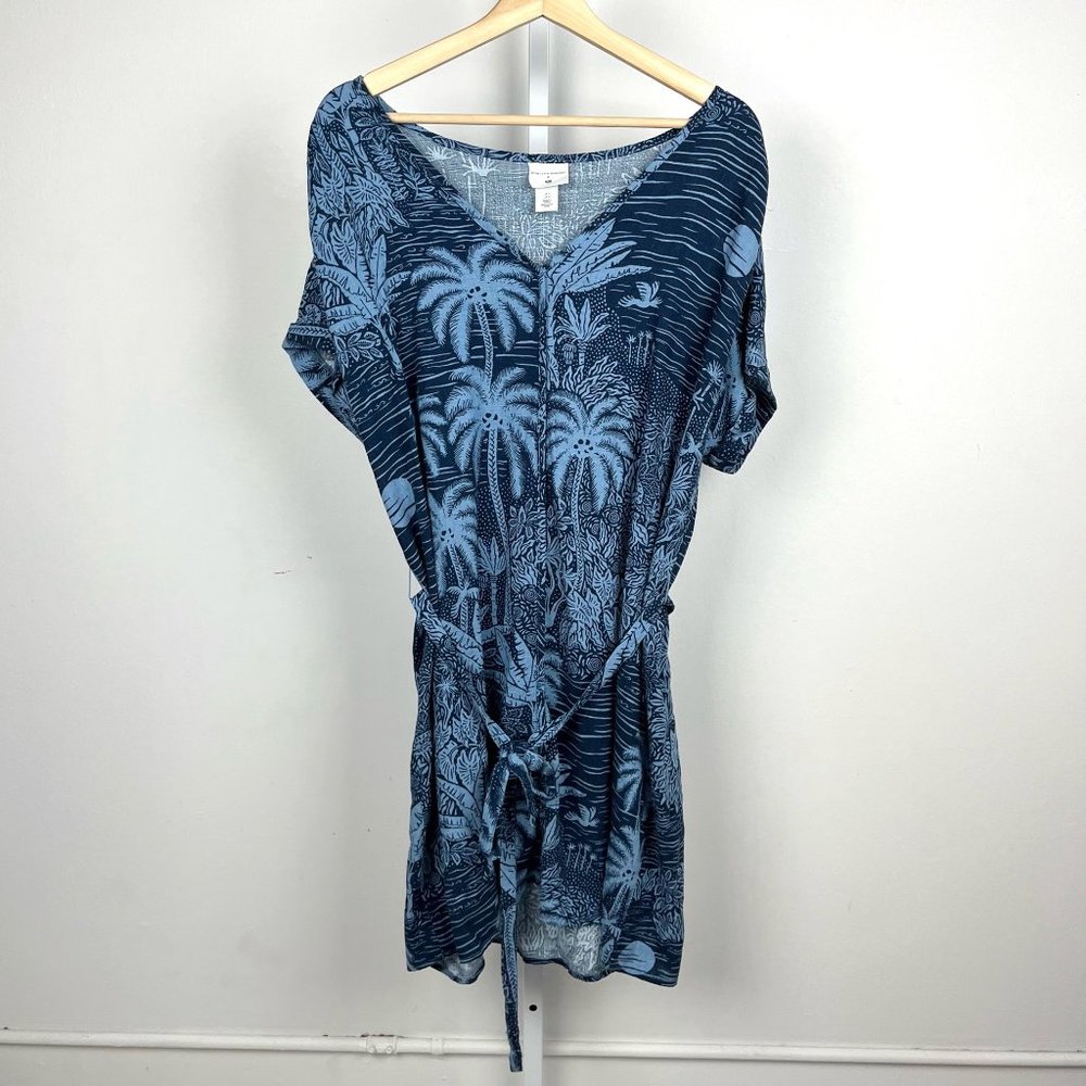 Desmond Dempsey H&M Short Sleeve Linen Blend Dress V-Neck Hawaiian Floral Blue M